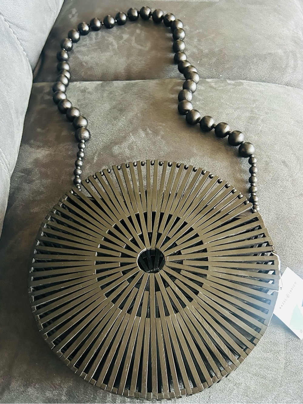 Round Black/Off Black Woven Bamboo Crossbody Bag with Beaded Strap